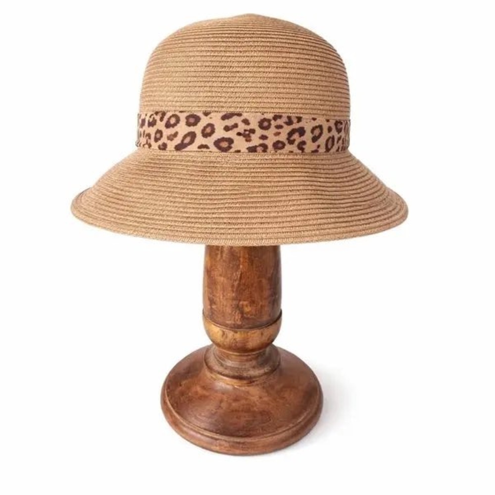 Kallina Sun Hat Brown Leopard Print Scarf‎ UPF 50+ Straw Cloche Safari Chic